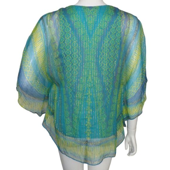 HALE BOB Top, M, Silk Layered Tank, Flutter Sleeves, V-neck, Blue/Green, Beaded - Picture 8 of 12